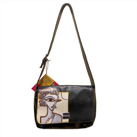 Up-cycled Black Leather Shoulder Bag Hand Painted - by Temporarily Not Famous